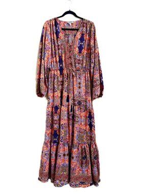 Boemo Paisley Print Maxi Dress Long Sleeves Breezy Bohemian